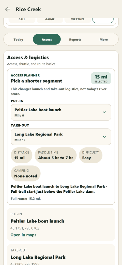 The Access planner showing put-in and take-out selections, route distance, and paddling time
