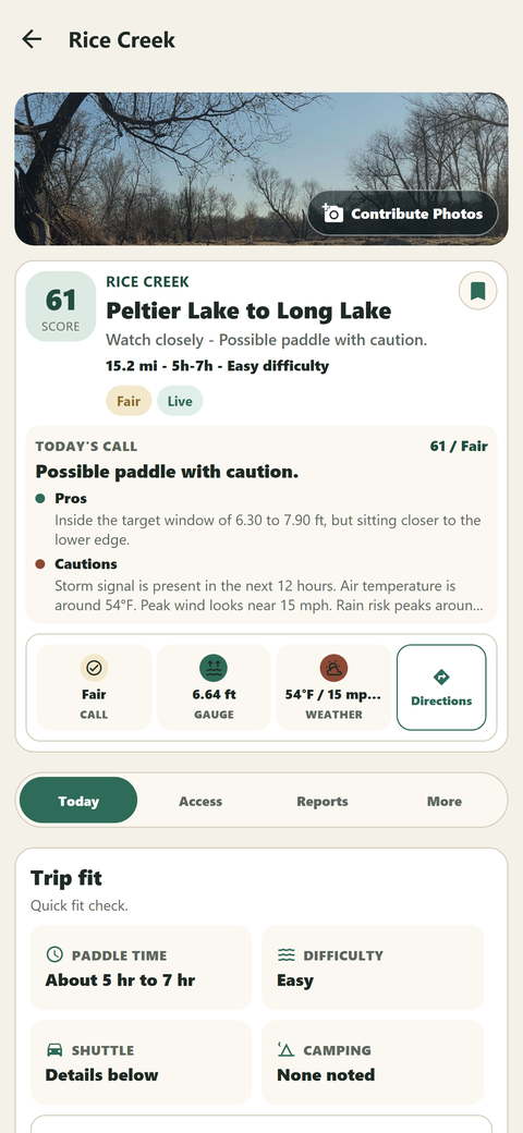 Rice Creek route details with a condition score, water level, weather, and paddling cautions