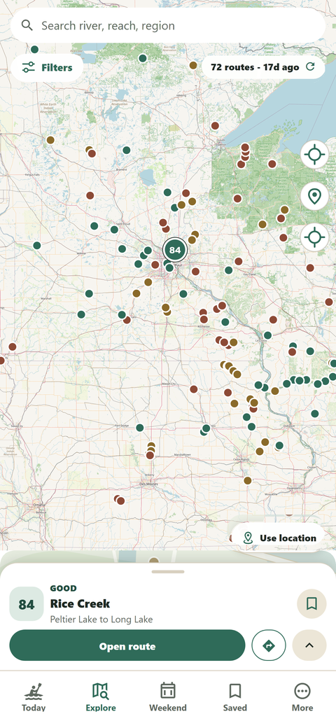 PaddleToday Explore screen showing a regional river map and a selected route