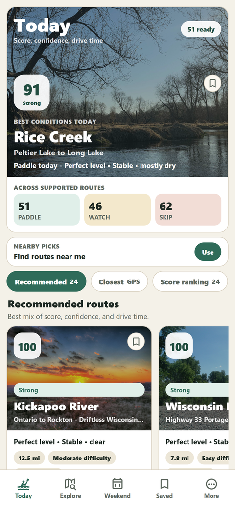 PaddleToday Today board showing Rice Creek, condition scores, and recommended routes